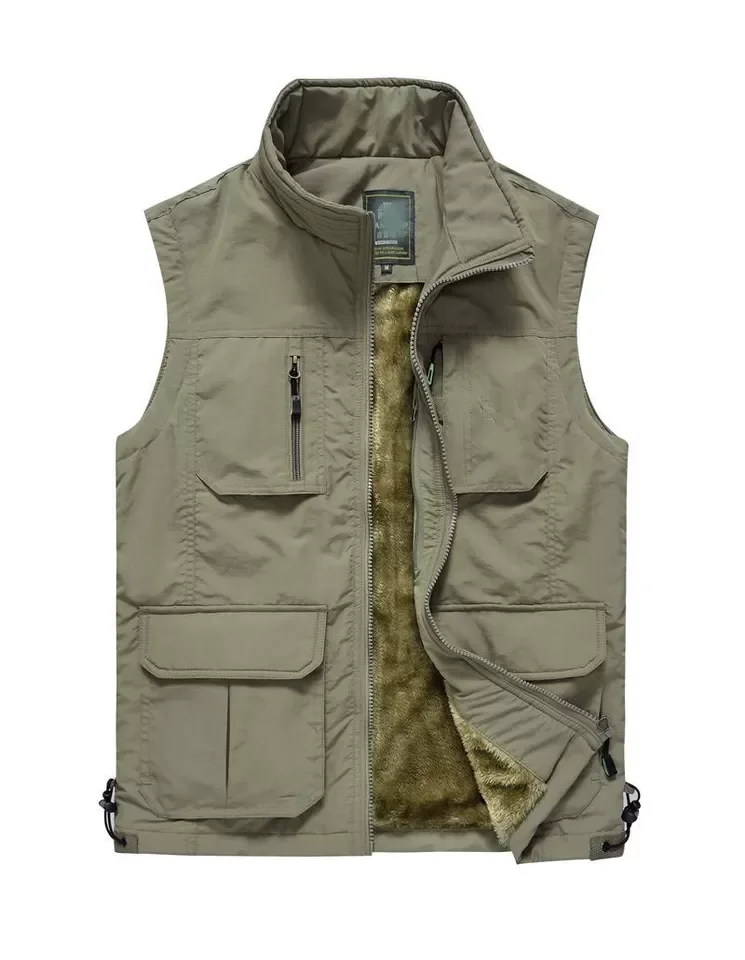 Custom Service Mutil-pockets Practical Fishing Hiking Winter Fleece Sleeveless Plain Color Men Outdoor Vest Jacket_voghion.com