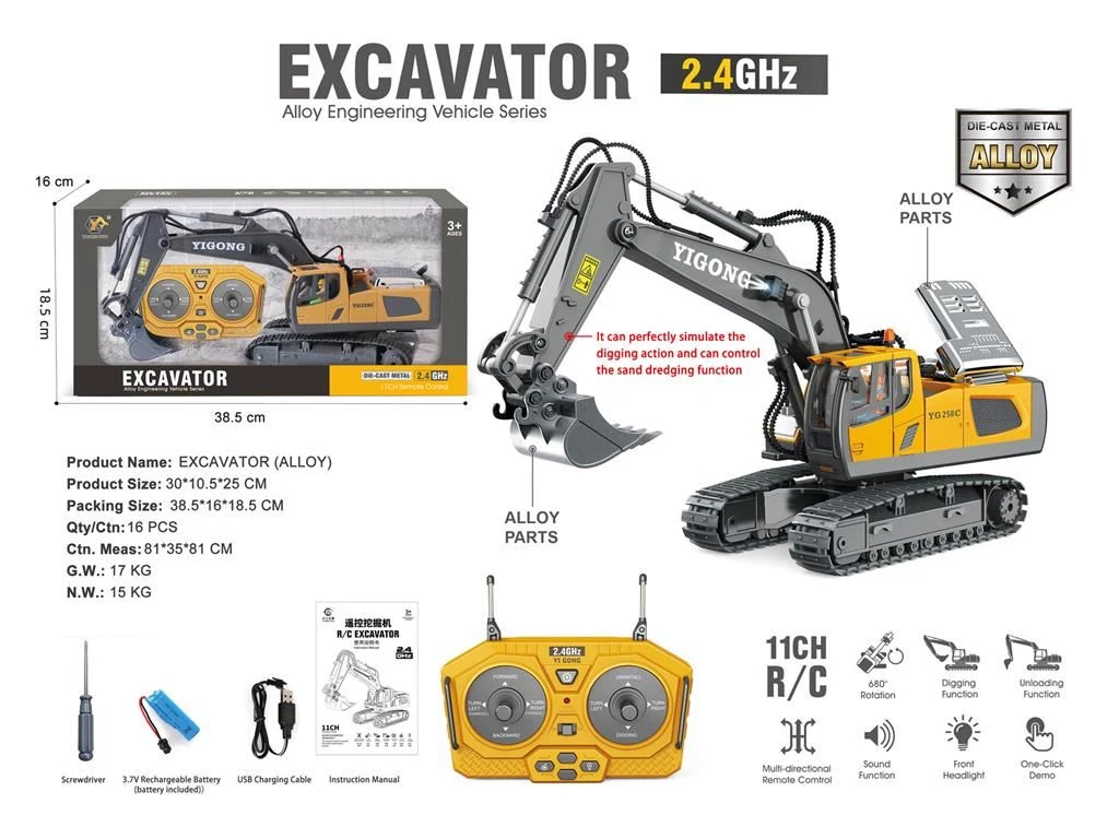 Alloy diecast excavator toys rc excavator toy 2.4Ghz 1/20 11 channel rc excavator truck toy remote control