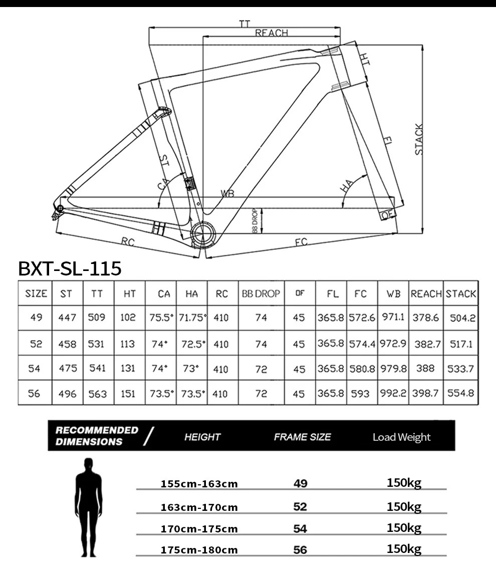 Cadre De Vélo De Route Carbone BXT 700c Freins à Disque - Poids 950g, Jeu Cadre + Fourche + Accessoires