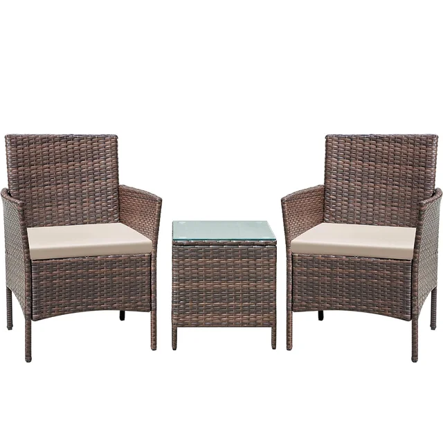 HOMECOME Modern Design 3-Piece Outdoor Furniture Set Conversation Bistro Table & Rattan Wicker Chair for Patio & Balcony
