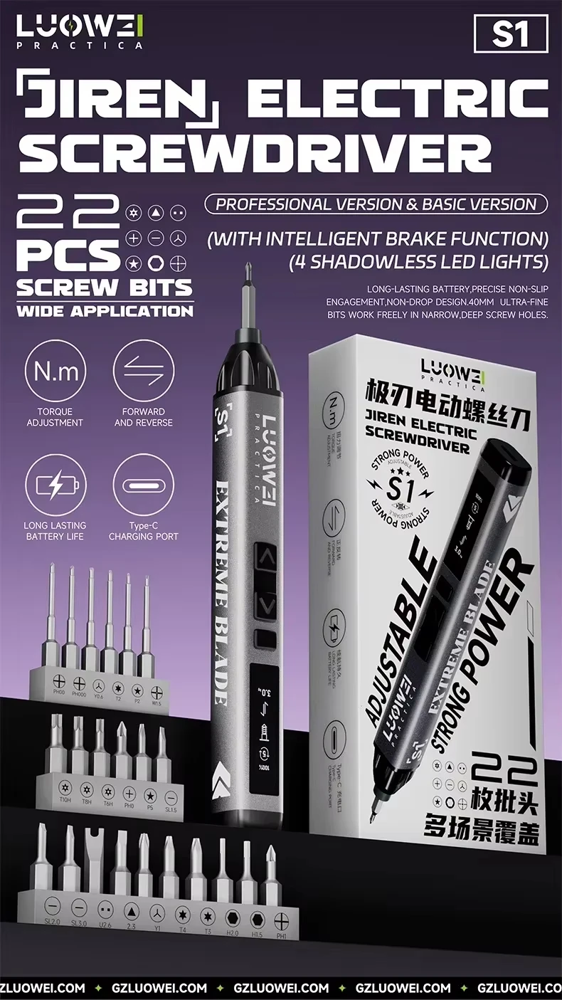 LUOWEI S1 Pro Precision Electric Screwdriver Set 22 Bits Adjustable Type-C Rechargeable Tool for Phone Repair