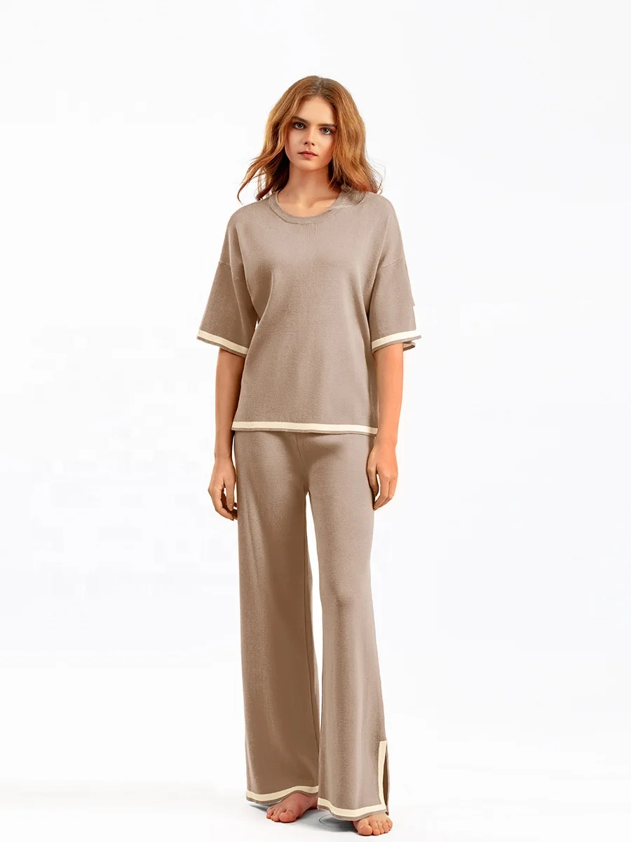 2024 Wholesale Temperament Contrast Color Split Short Sleeve Sweater High Wais Slimming Wide Leg Long Pants Two Pieces Set