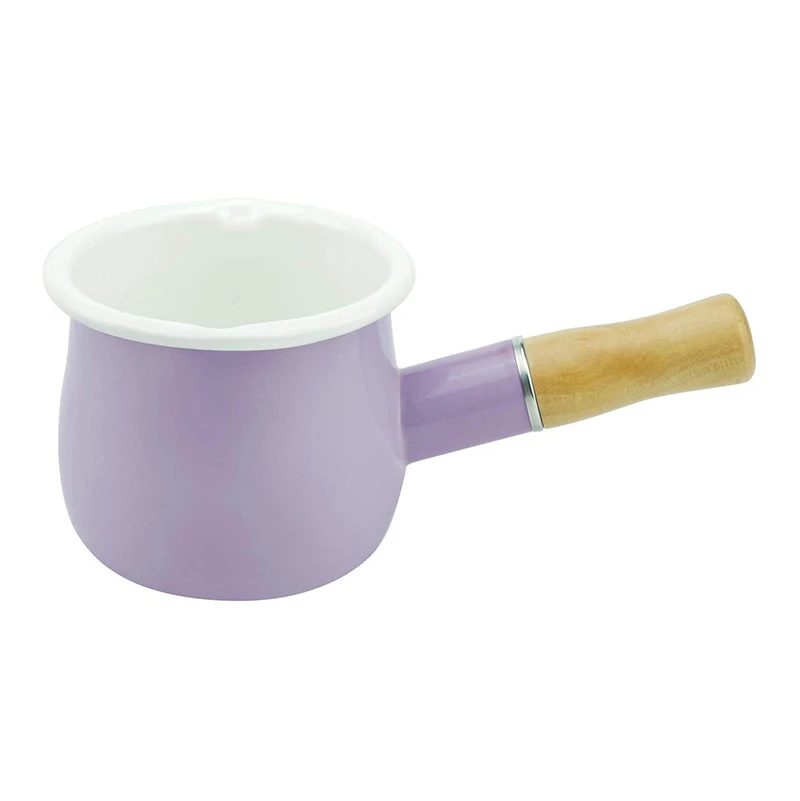 550ml Small Enamel Milk Cooking Sauce Pot Wooden Handle Cookware White, Size: As described