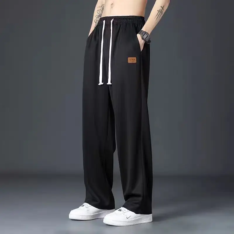 2025 New Fashion Street Summer Men's Casual Outdoor Thin Simple Loose Sportswear Ice Silk Belt Side Pocket Straight Trousers