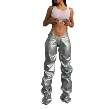 autumn Silver black fashion pleated PU faux leather sexy low waist straight casual women's pants & trousers