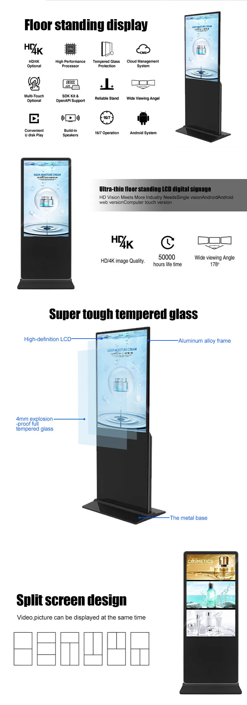 43 49 55 Inch Floor Standing Vertical Tv Touch Screen Kiosk 4k Indoor ...