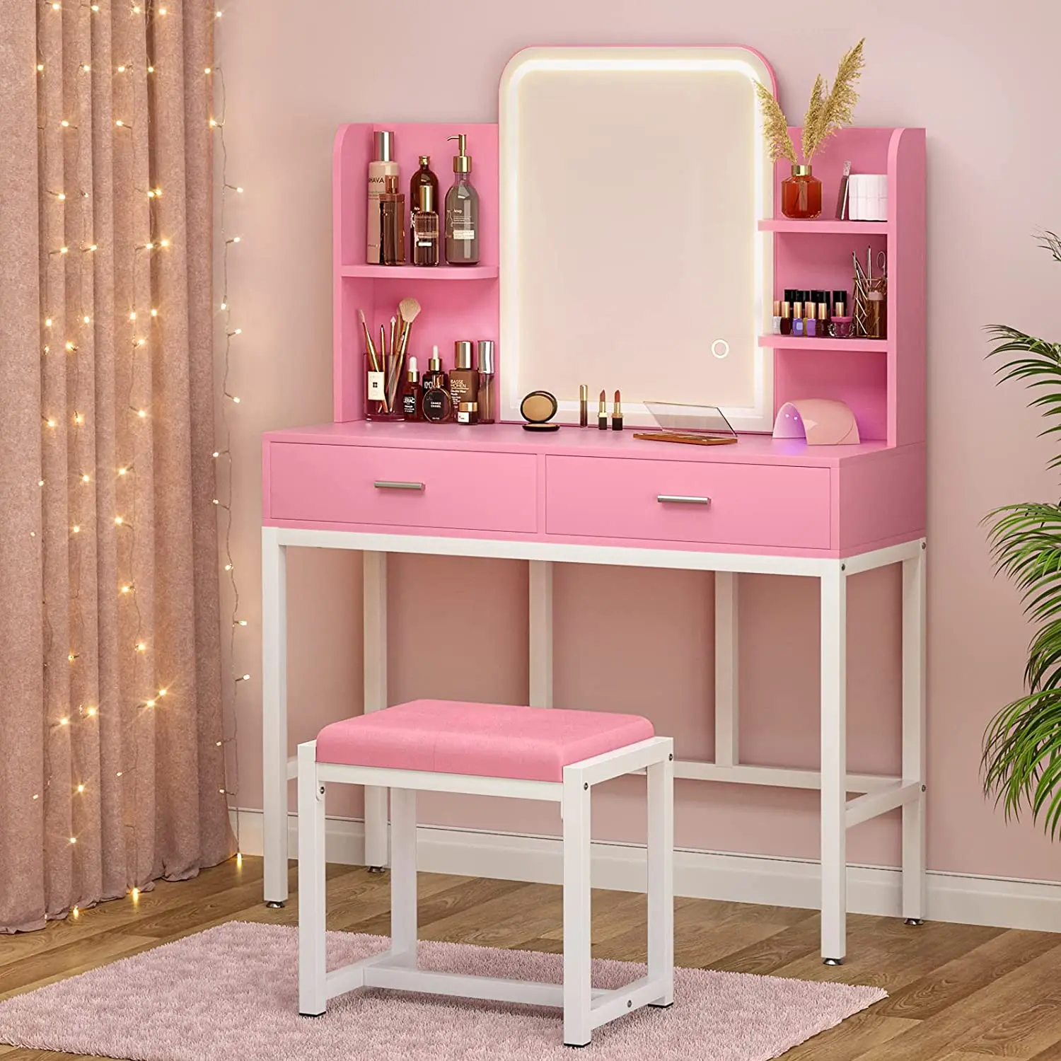 Charging Makeup Vanity Set Dresser Desk With Sliding Lighted Mirror For