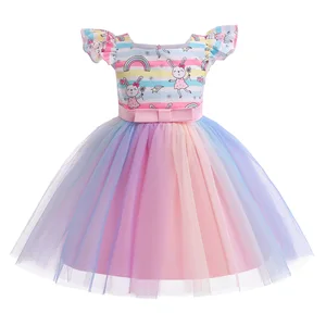 Summer Wear Flying Sleeve Colorful Tulle Dress High Quality Printed Cartoon Kids Girls Dress