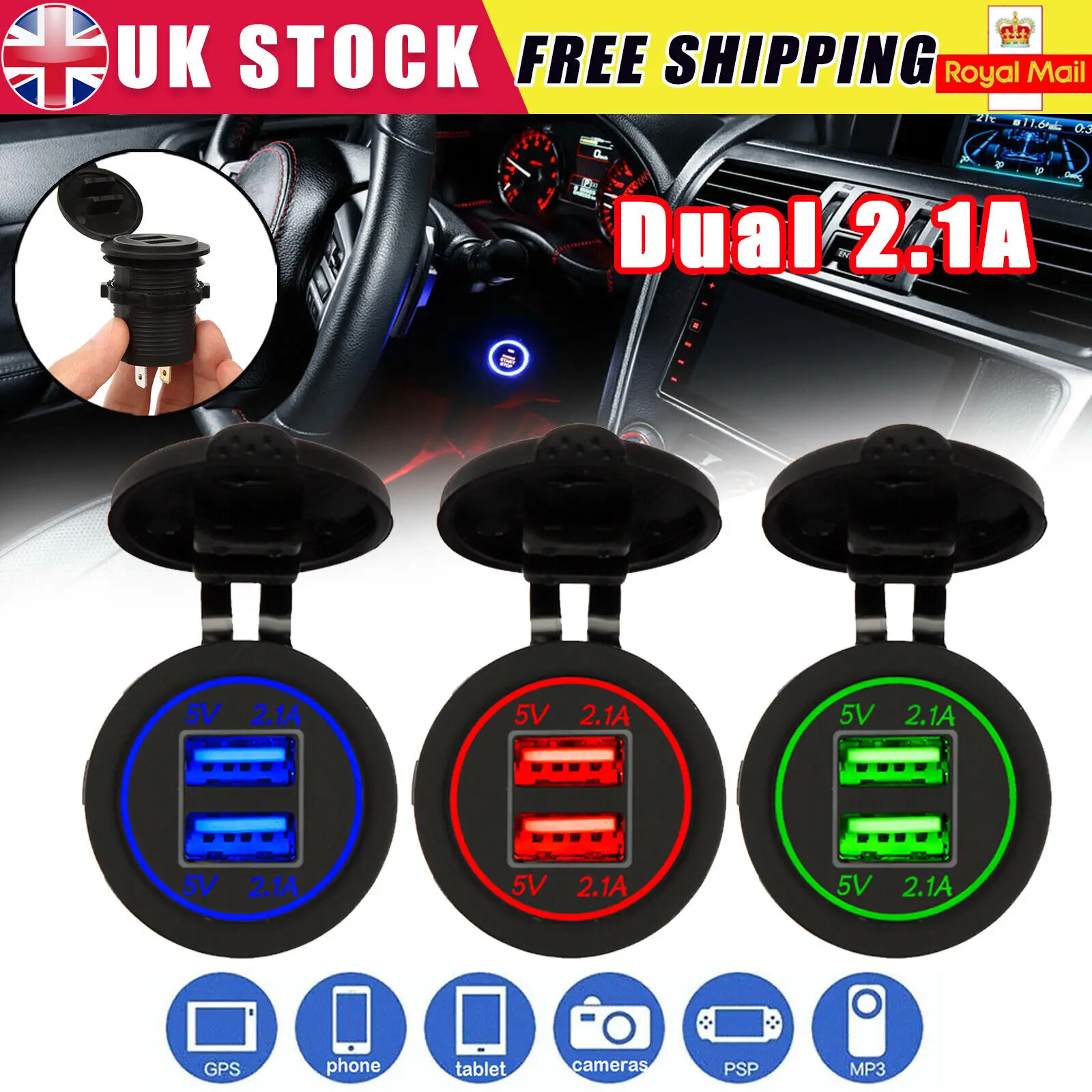 Car Socket With Port 5v 2.4a Dual Usb Tricolour Led Charger Socket Car