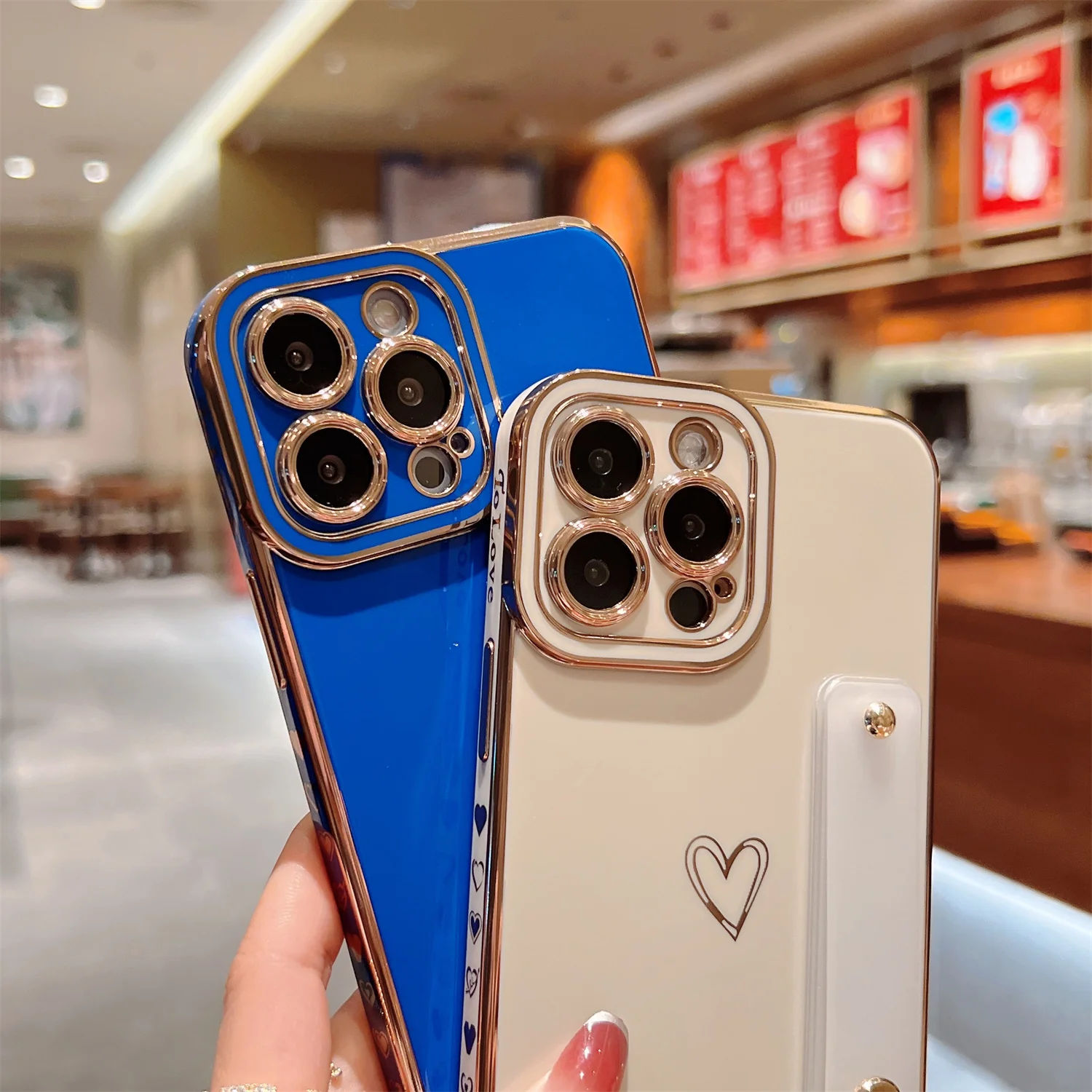 Модный женский чехол для телефона с сердечками для девушек для iphone 12 13 14 pro max Plus, гальванический мягкий чехол из ТПУ с ремешком на запястье