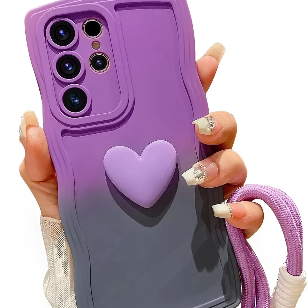 Soft Silicone Cover For Samsung Galaxy S24 S23 Ultra Gradient Wavy Design Case with Wrist Strap Lanyard Cute for Girls