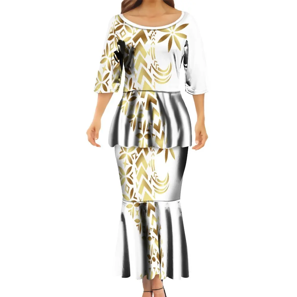 White & Gold Polynesian Tribal Puletasi Set Plus Size Hawaiian Mermaid Skirt Dress ODM| Min order 2 ct White & Gold Polynesian Tribal Puletasi Set Plus Size Hawaiian Mermaid Skirt Dress ODM| Min order 2 ct