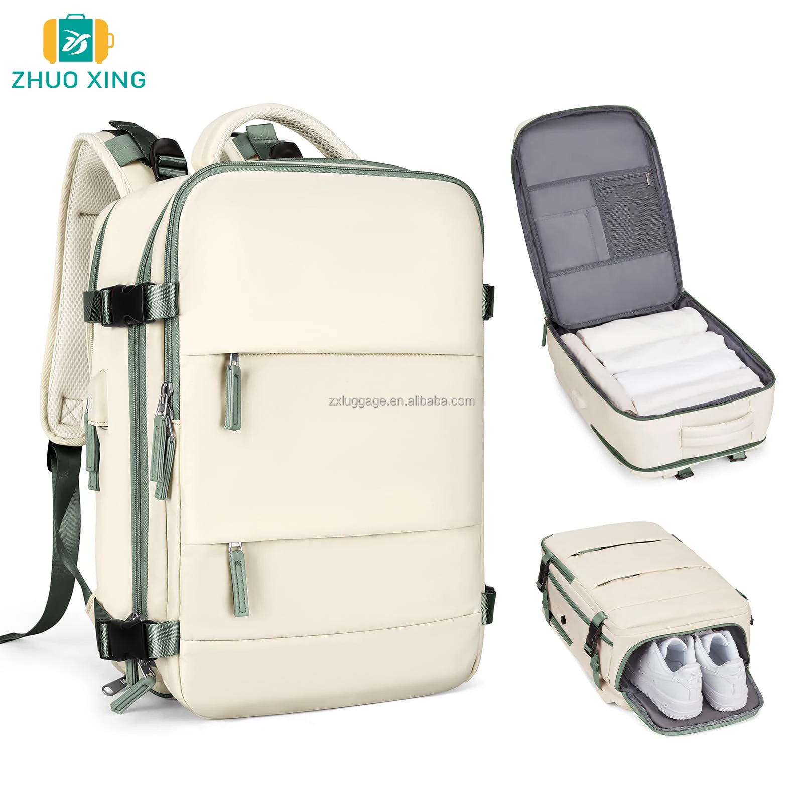 Beige Color Match Green Student Backpacks with 15 Inch Laptop - Main Image