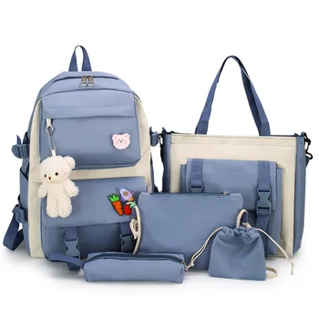 Canvas backpack large capacity canvas storage bag five piece set casual student schoolbag