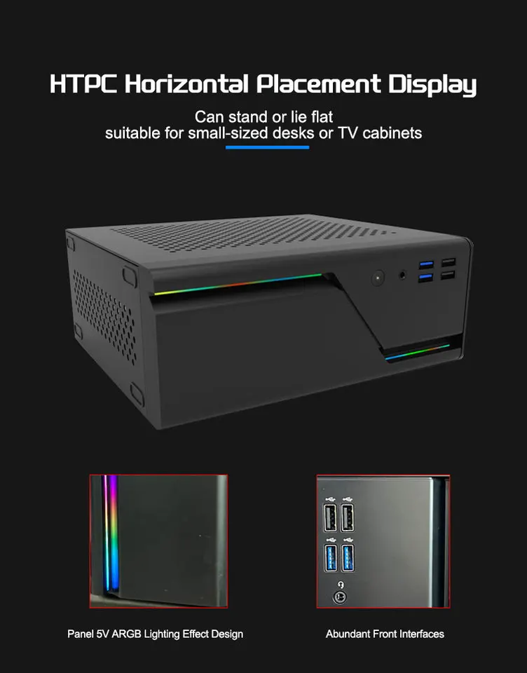 Mini ITX HTPC Desktop Case 5V ARGB Front Panel 4 USB Ports 1U Power Supply Supports 4K-f aperçu 4