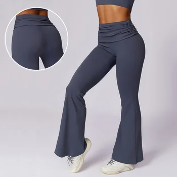 Smocking High Waist Women Bootcut Yoga Pants Sportswear Bell Bottom Gym Fitness Wear Scrunch Butt Lounge Flare Leggings