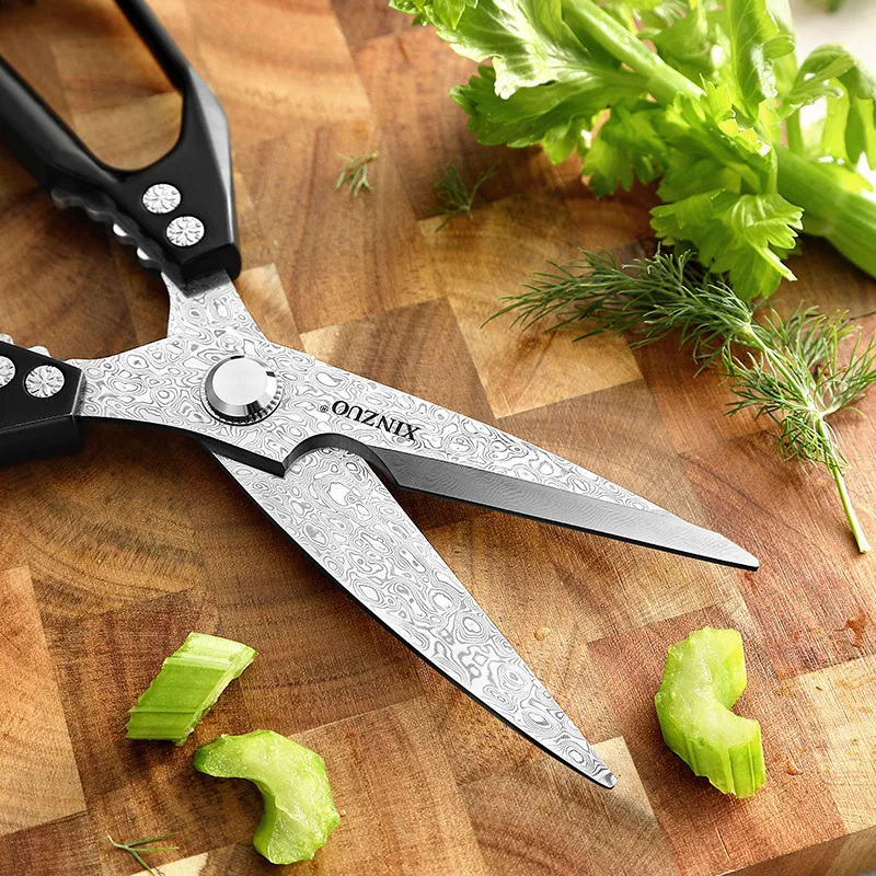 XINZUO New Multipurpose High Quality 110 Layers Damascus Steel Black Kitchen Scissors Stainless Cutting Shears with Gift Box