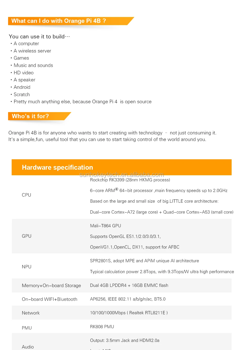 Orange Pi 4B 4GB/16GB EMMC Flash Rockchip RK3399 built-in NPU SPR2801S Orange Pi 4B Development Board