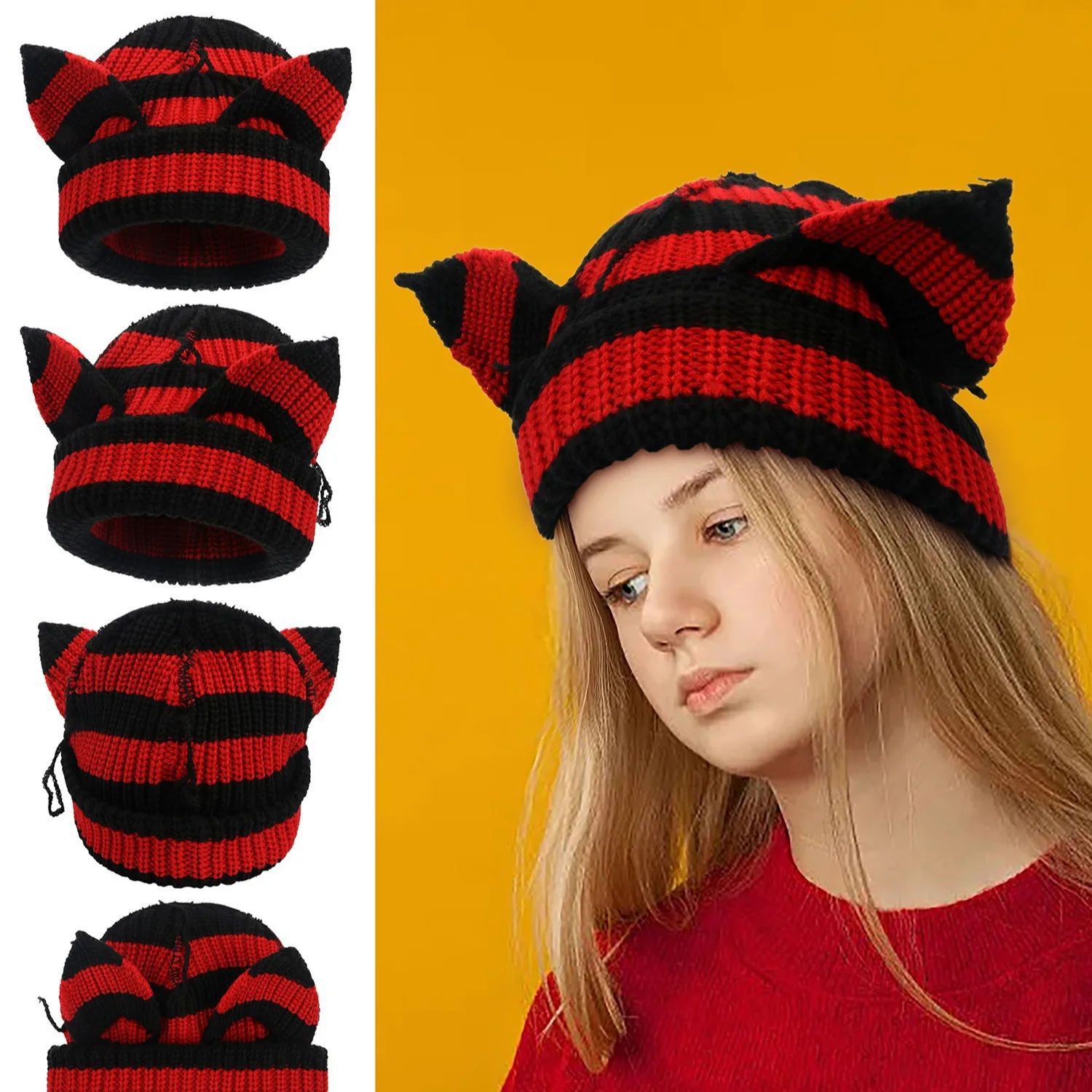 帽子 24AW LOOP YARN SHAGGY CAT EAR KNIT CAP Unisex Y2K Cute Cat Ears Knit Beanie - Warm Slouchy Skull Cap for