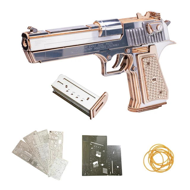 MU Men's Hobby 3D Metal Puzzle Model Kits Wooden Desert Eagle Rubber Band Gun DIY Adult Toys in Box Packaging