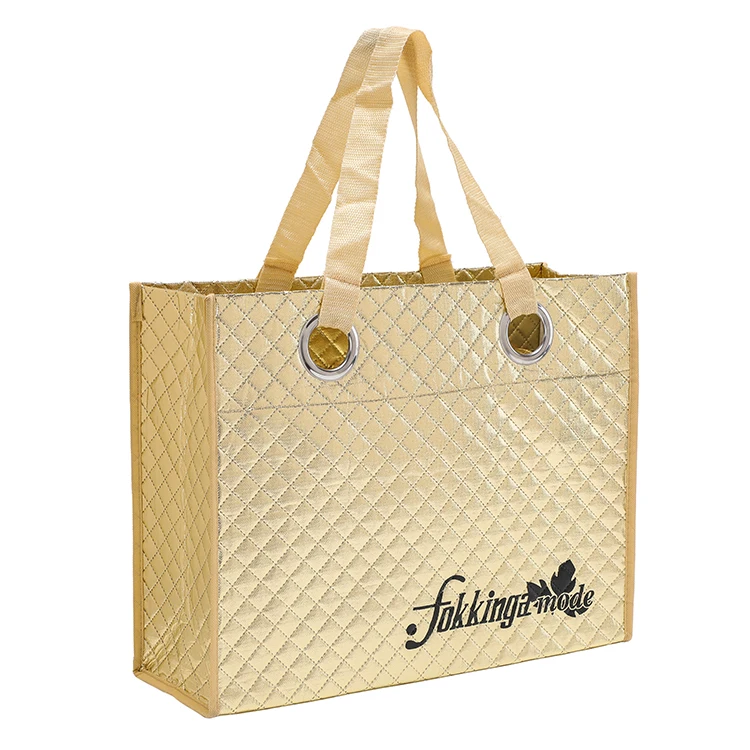Promotional Holographic Metallic Laminated Gift Bag with Gusset Non Woven Tote Shopping Bag Gold Color Metallic