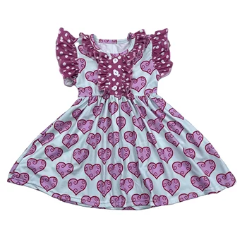 Bulk baby valentine clothes kds girls heart printing flutter sleeve dress valentine boutique