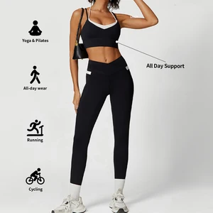 Custom Style Nylon Sports Bra V Shape Cross Waisted Fitness Gym Leggings Yoga Sets Women Active Wear