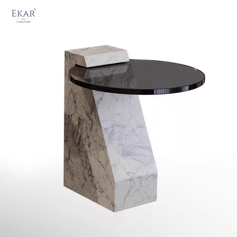 Elegant Fine-Grained White Natural Stone Base with Grey Tempered Glass Top Side Table