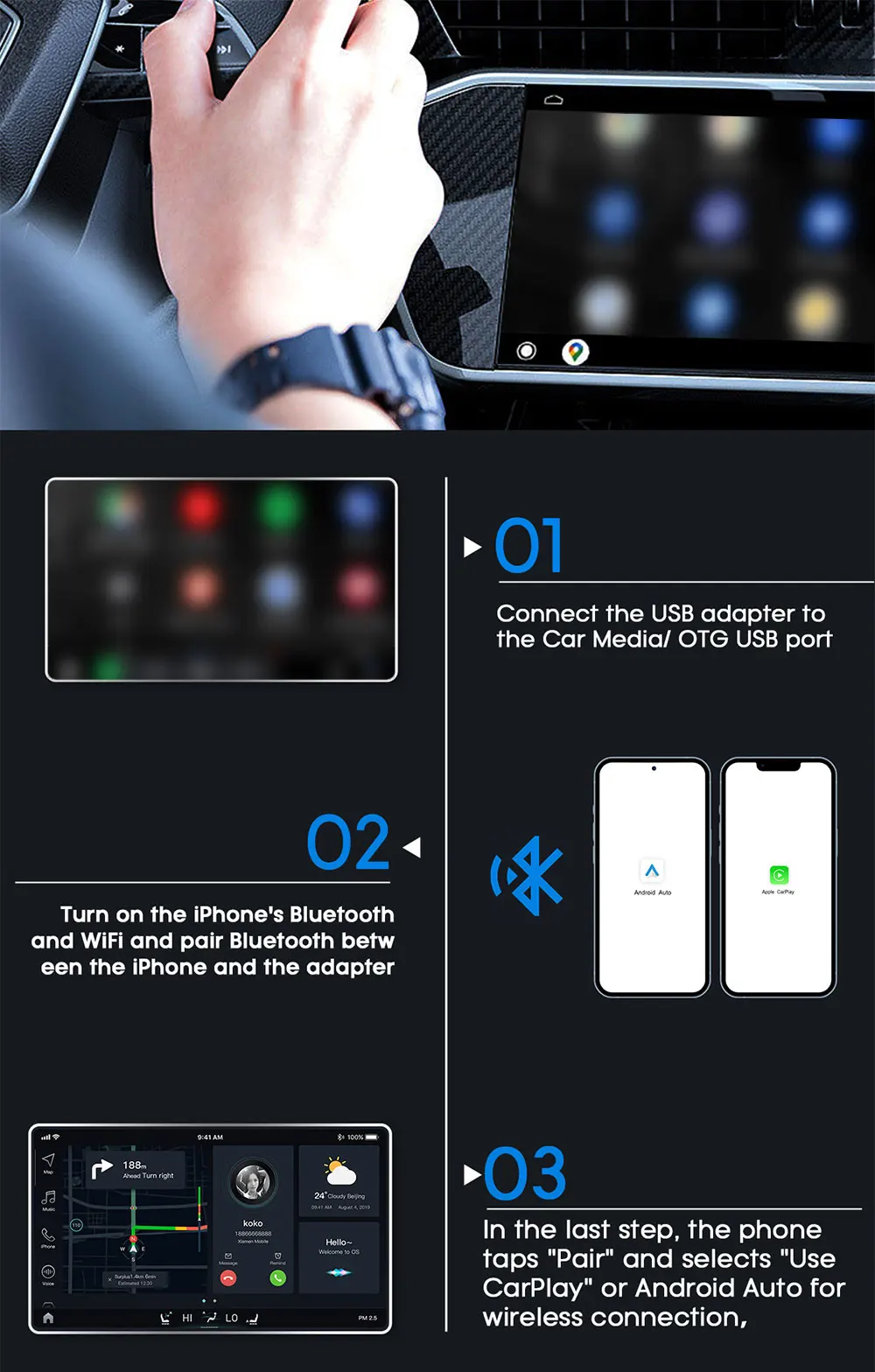 product wireless carplay android apple 2in1 wired adapter portable ai box dongle zjq12 laudtec screen sharing sgs certified 1 year-8