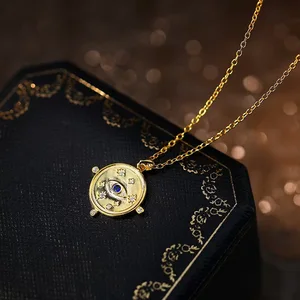 925 Sterling Silver 18K Gold Plated Link Coin Pendant Necklace Blue Zircon Trendy Christian Engagement for Anniversary Party