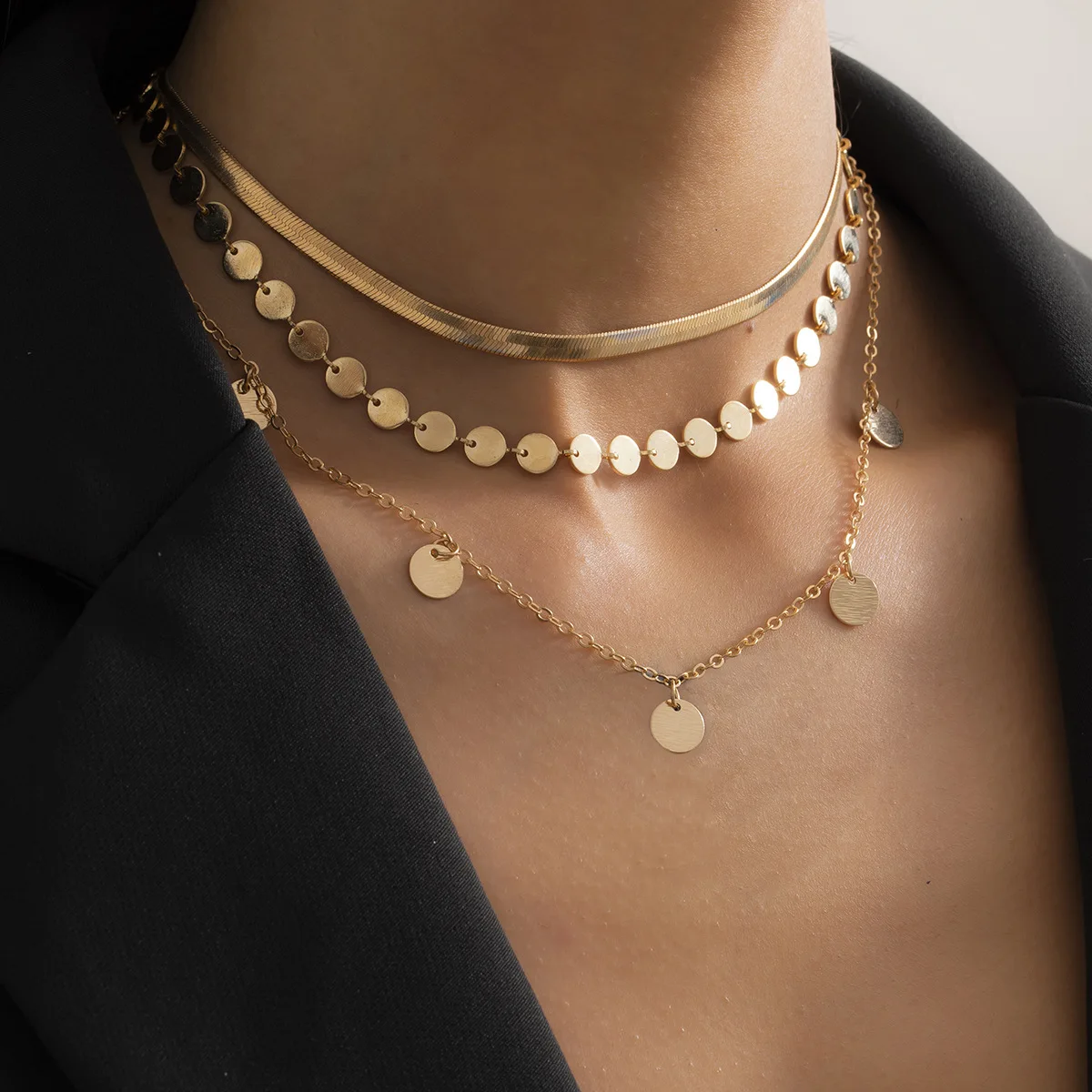 multilayer punk metal gold color flat chain necklaces women