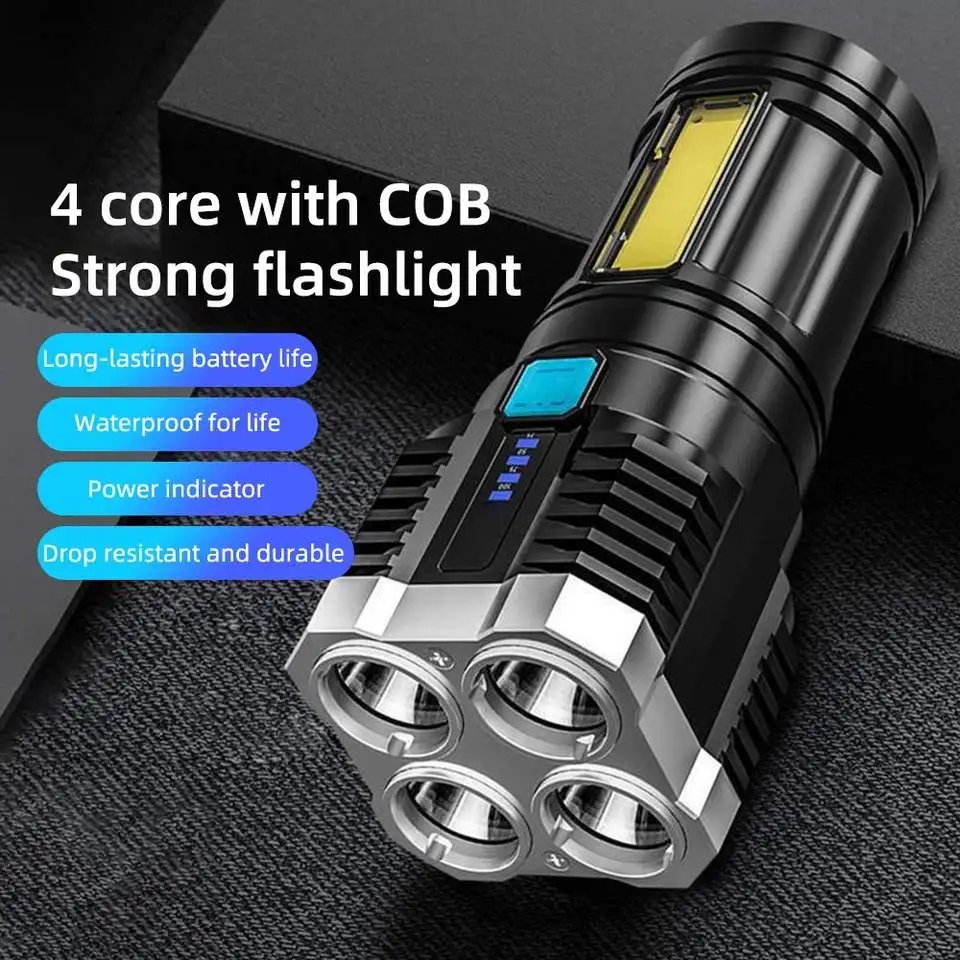 Super Bright 4 Core Rechargeable Multifunctional Waterproof Led Flashlight Cob Side Light Torch Searchlight Emergency Camping manufacture