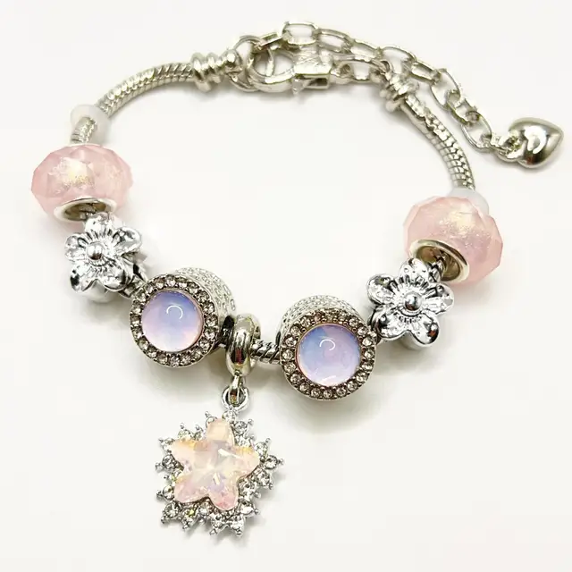 High Quality Silver Plated Crystal Star Pendant Large Hole Beads Rhinestone Flower Charm Bangle Bracelet for Women