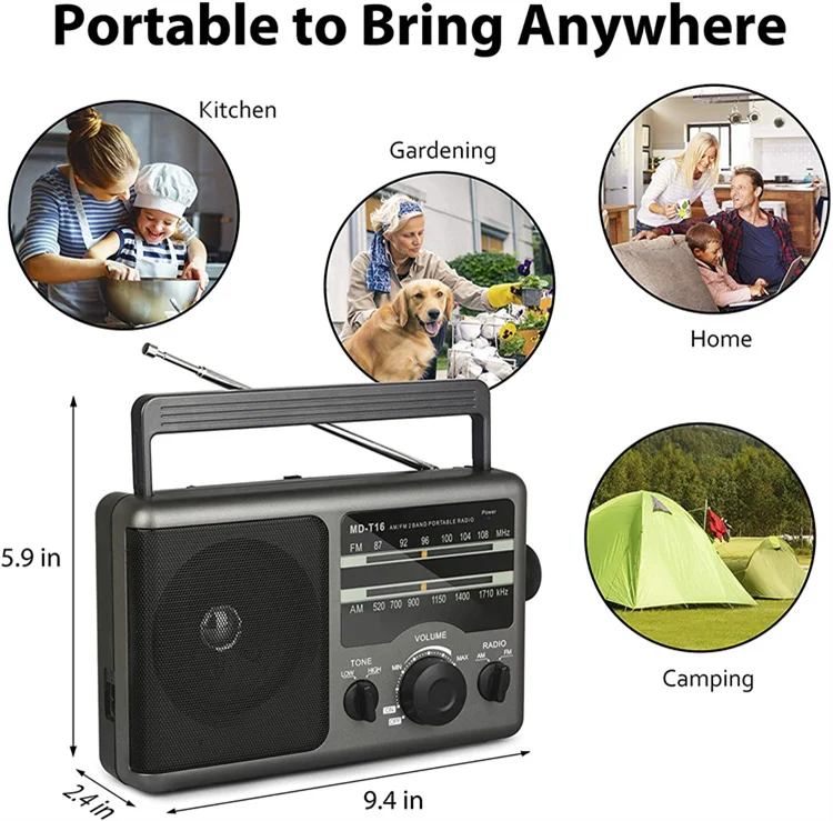 Portable AM FM Radio Battery Operated or AC Power Large Tuning Knob Elder Home Radio