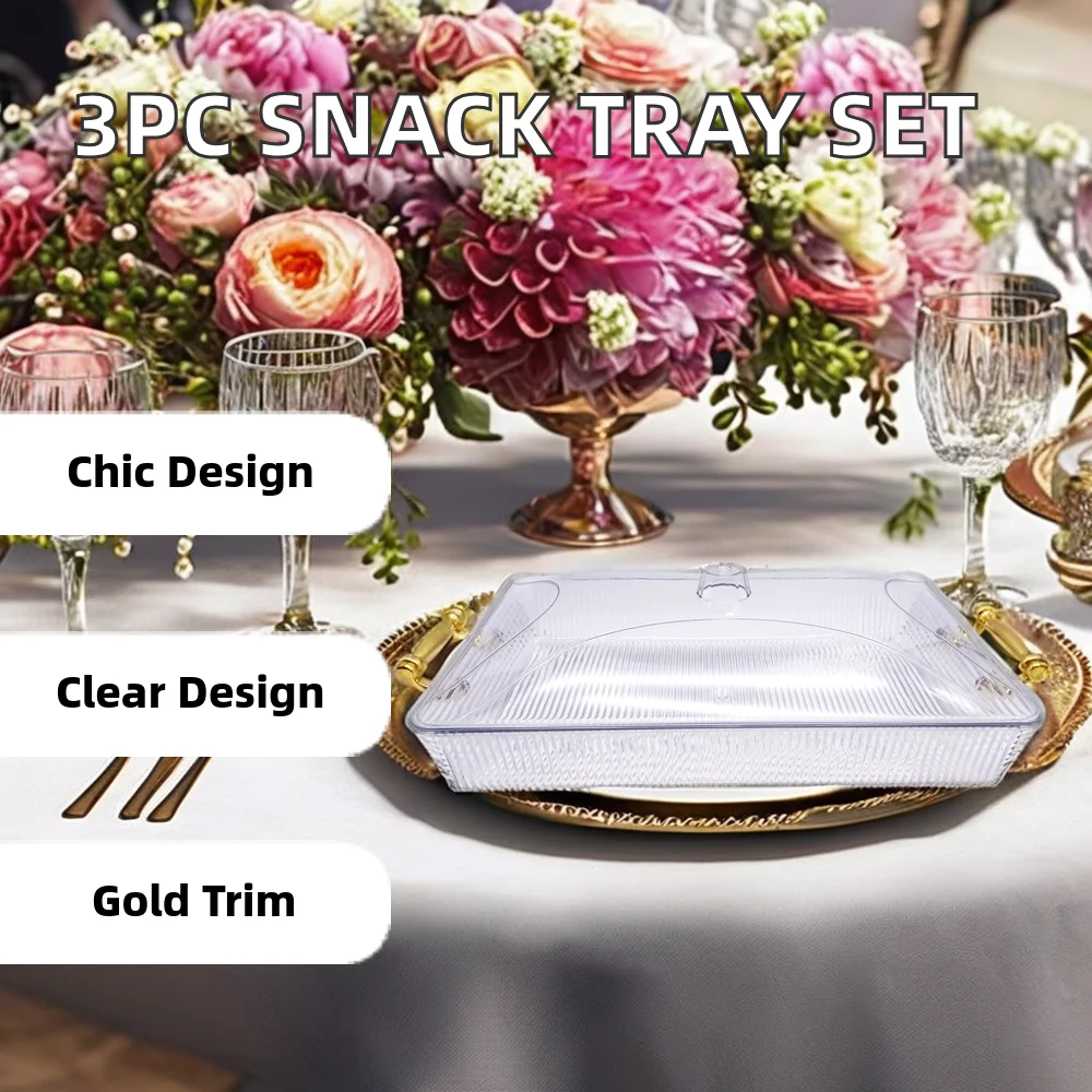 Classically Designed 3-Piece PET Dry Fruit Tray Set Transparent Plastic Coffee Table Snack Plate Gold Silver Edges Home Wedding