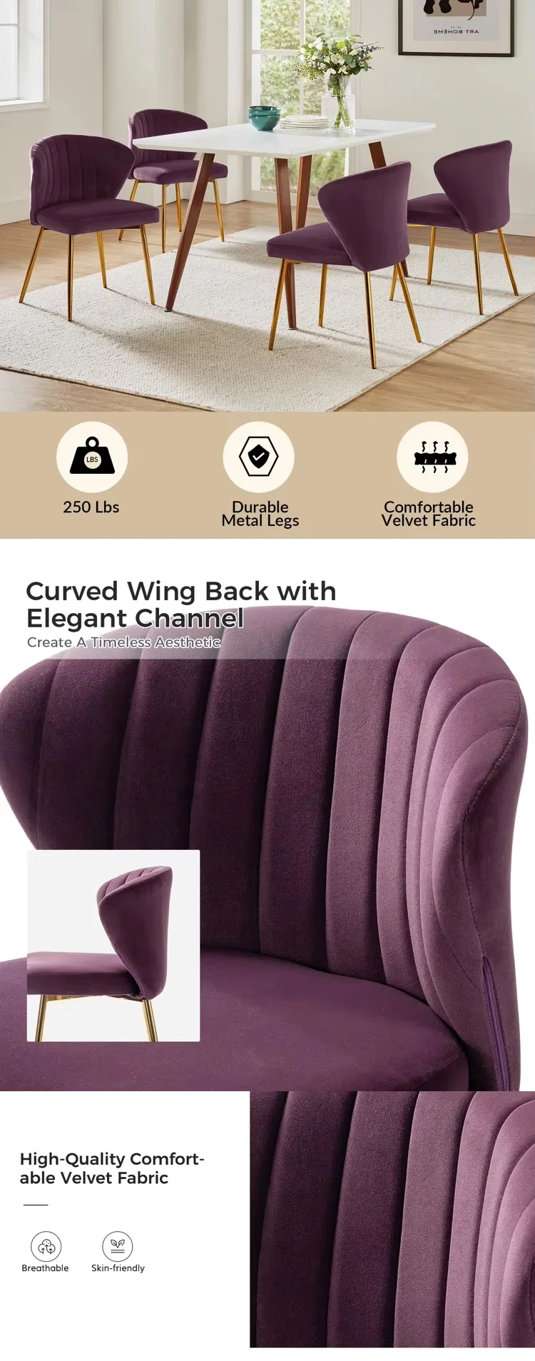 Wholesale luxury Nordic metal design fabric velvet cushion metal legs dining chair