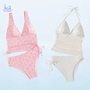 OEM Manufacturer Two Piece Beachwear Texture Side Tie Design Custom Women Swimwear Bikini Set Crinkled Texture Modest Swimsuit