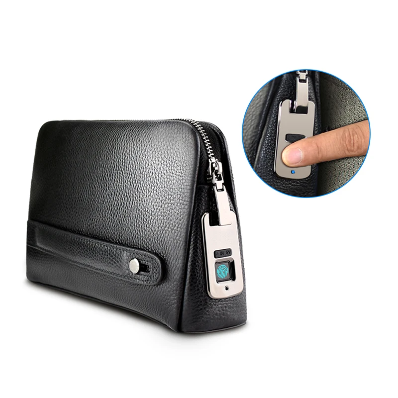 Fingerprint Lock Wallets Big Capacity Phone Bag Card Holder Zipper Leather Fingerprint Lock Wallet for Men