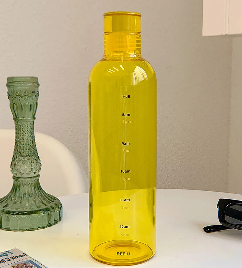 Simple Big Capacity Time Scale Transparent Circular Glass Beverage Water Bottle