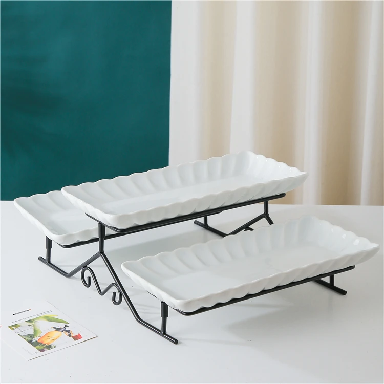 Factory Prices Inimalism 3 Tier Ceramic Hotel Dessert Plates with Metal Iron Stand for Wedding Birthday Party