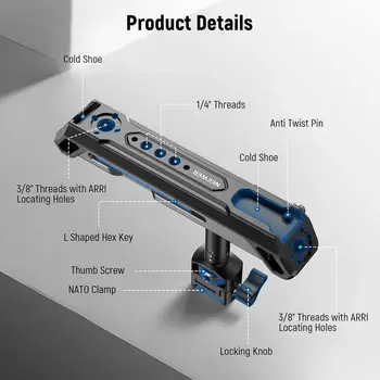 NEEWER 2 in 1 Top Handle/Side Handle, Camera Cage Video Rig Handle with 360 Rotatable NATO Rail Clamp, 1/4" Threads, Cold detail image