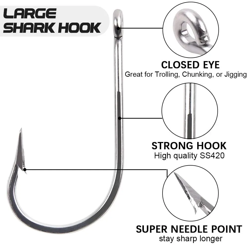 Fish Hooks 2Pcs Stainless Steel Fishing Hooks Large Shark and Tuna Bait  Hooks Extra Strong for Saltwater Fishing Size 16/0 18/0 20/0 Sharp Fish  Hook