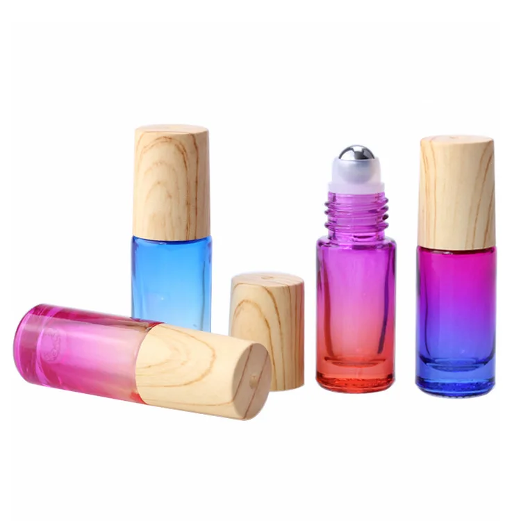 Wholesale 5 ml Roll on Gradient Color 5ml Roller Glass Bottle with Bamboo Cap