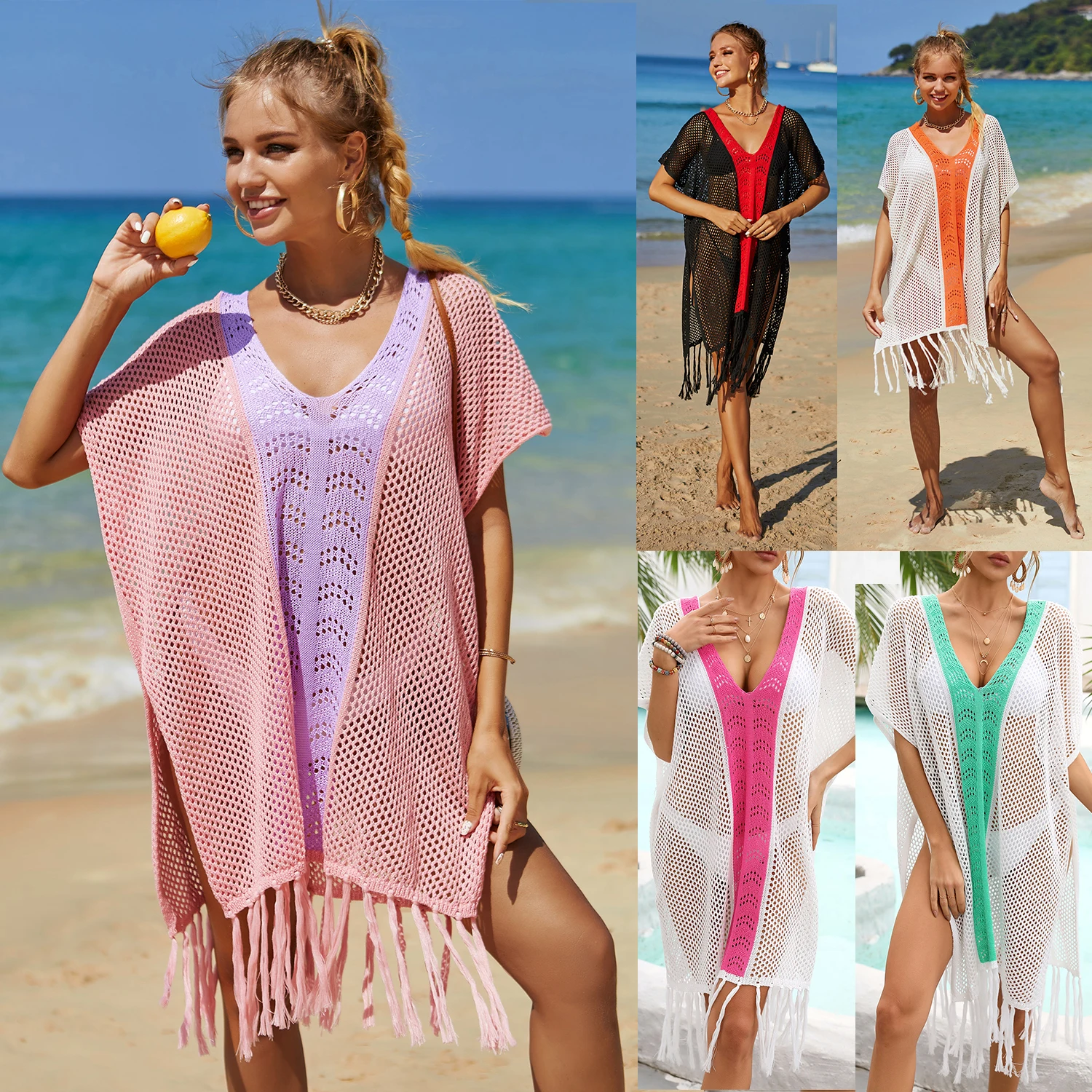 New Arrivals Loose Beach Sun Protection Hem With Tassels Dress Vacation ...