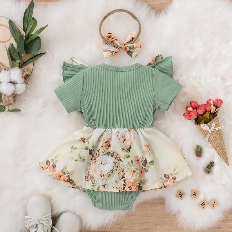 Hot Sale Summer Baby Girls Short Sleeve Romper Dress Infant Flower Jumpsuit With Hairband Fashion Baby Newborn Princess Clothes