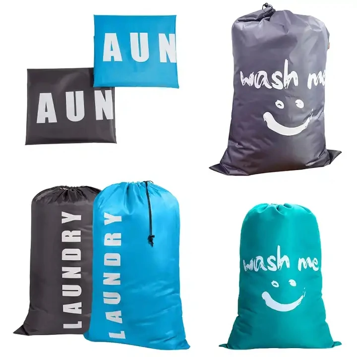 custom Travel nylon portable hotel wash nylon fold big drawstring laundry bags with logo