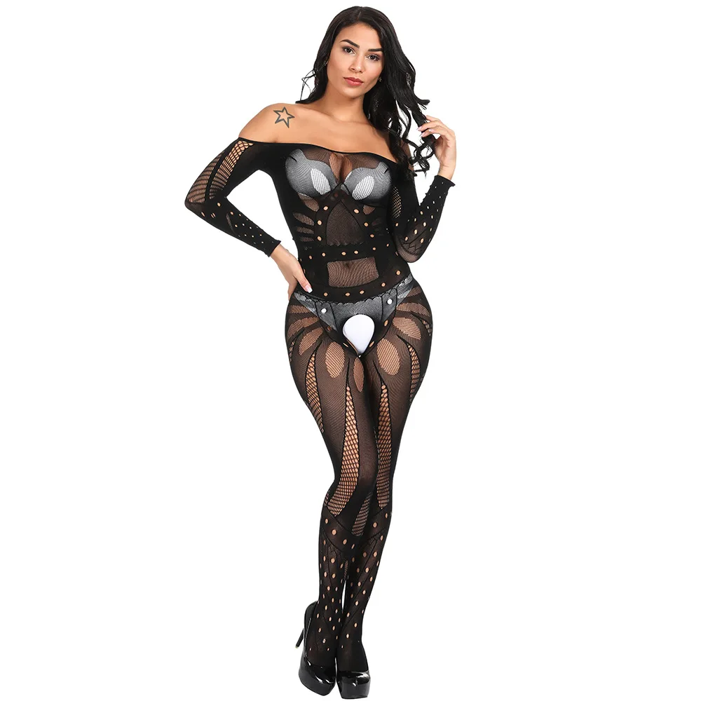 FISHJUMPING Open Crotch Fishnet Bodystocking Nylon Mesh Lingerie Women Full Body Stockingh Bodysuit