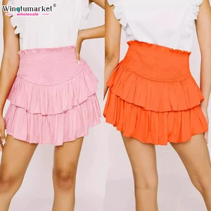 Wholesale Short Skirt Wrinkle Summer Smocking Pleated Ruffle Tiered Sexy Mini Skirt Women