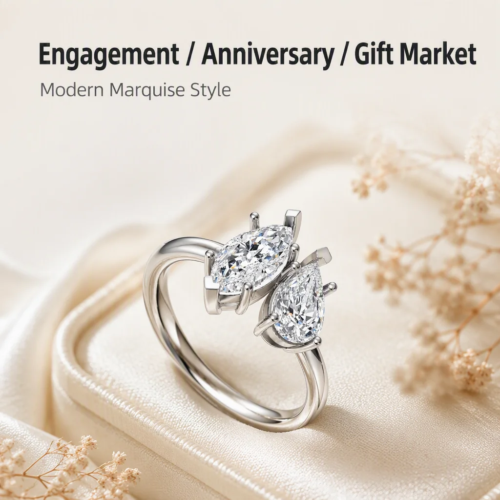 14K Gold Horse's Eye Lab Grown Diamond Ring Lab Created Diamond Engagement Ring Marquise Lab Diamond Rings for Women