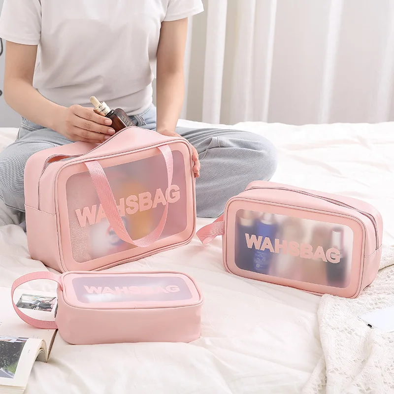 Custom Logo PU PVC Waterproof Trip Black Toiletry Pouch Kits Women Luxury Beauty Makeup Bag Pink Girl Travel Clear Cosmetic Bags